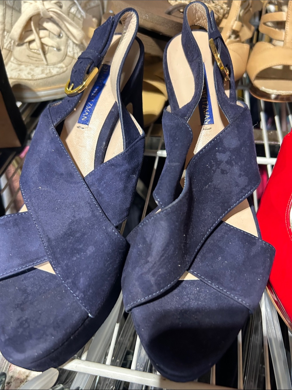 Stuart Weitzman Navy Suede Crisscross Slingback Flats